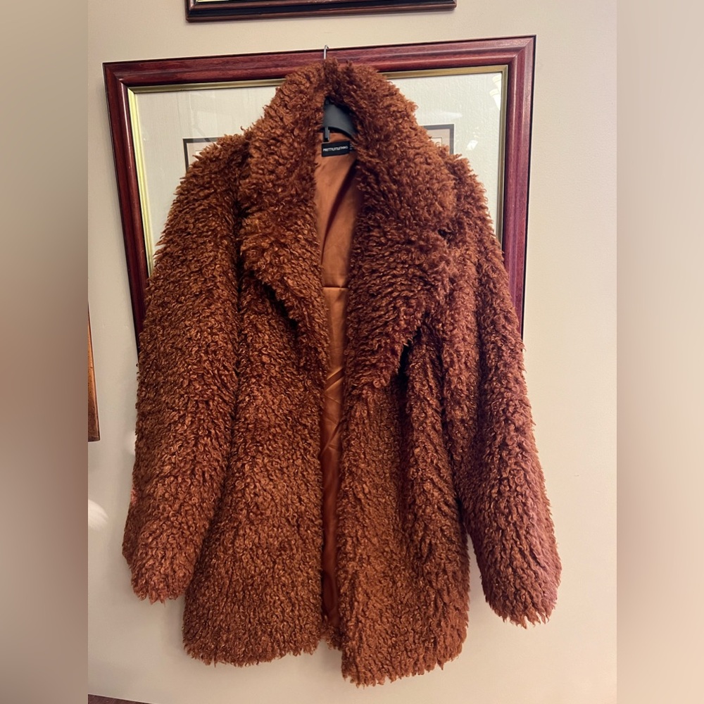Pretty Little Thing Faux Fur Teddy Curly Camel Coat Sz 10 Prettylittlething